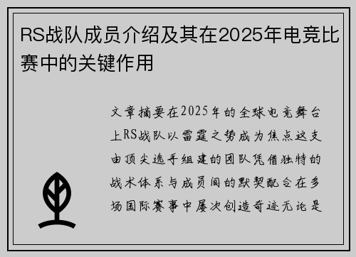 RS战队成员介绍及其在2025年电竞比赛中的关键作用